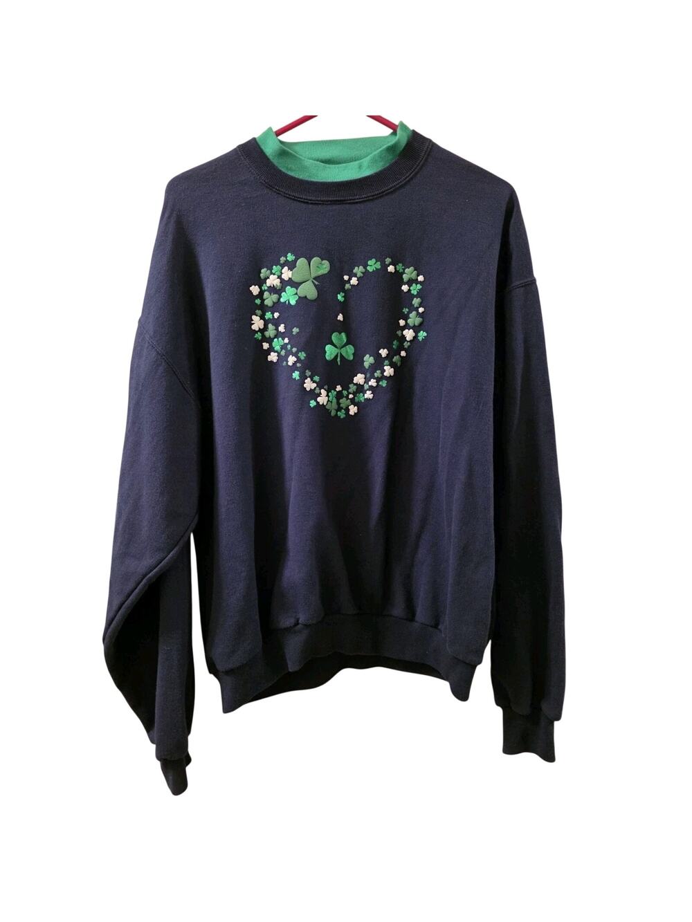 Vtg 90s Embroidered Heart Shamrock Double Collared Sweatshirt St Patricks Day L